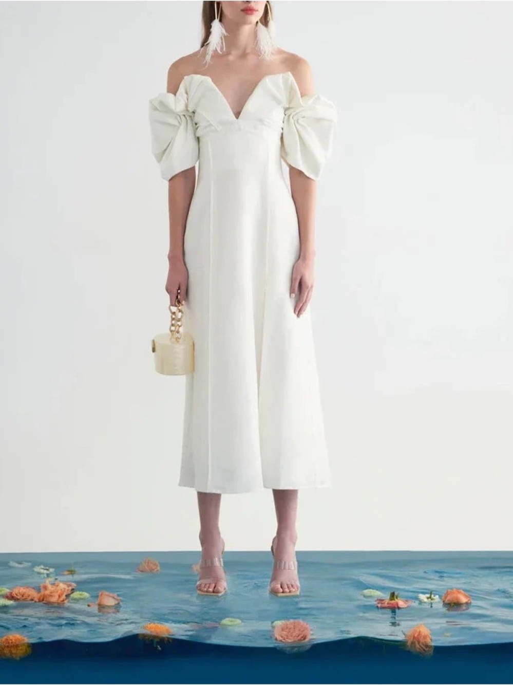 cult gaia Muna dress Off-Shoulder White Midi Dress with Statement Puff Sleeves
